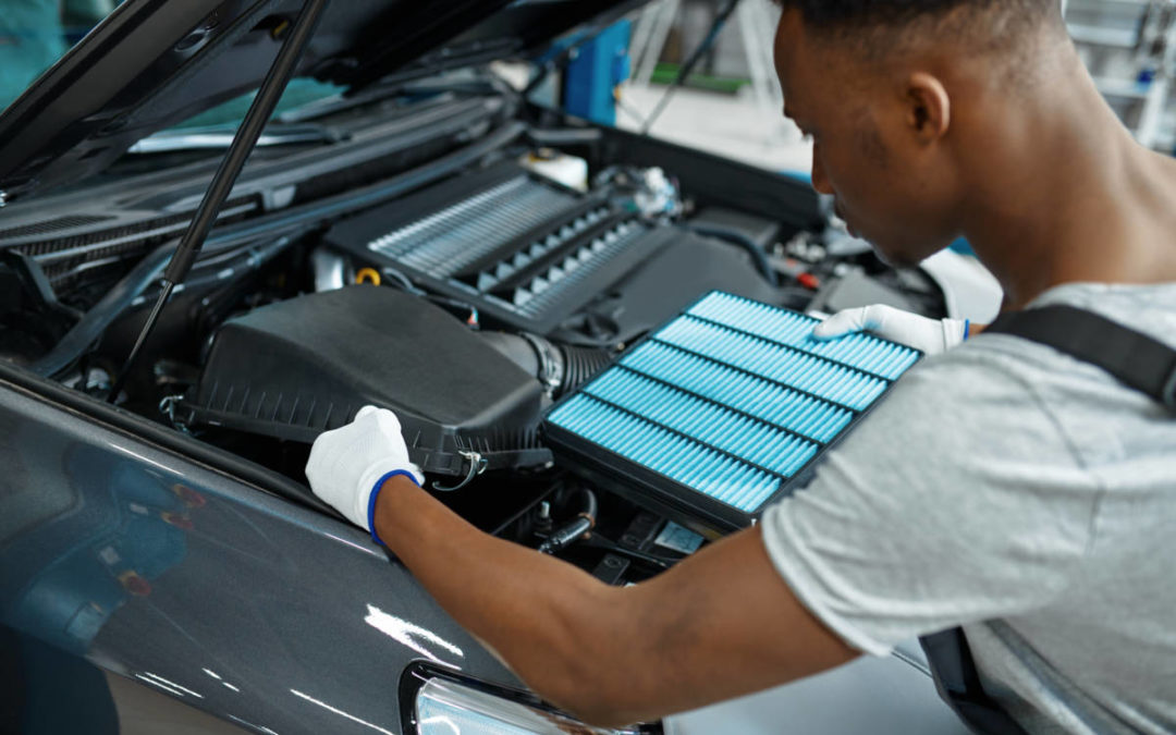 Male mechanic changes air filter, car service